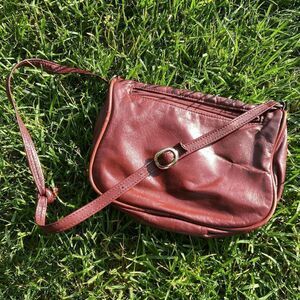 80s Burgundy Top Grain Leather Crossbody Bag with accent Piping